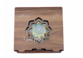 جعبه زعفران چوبی با ظرف خاتم مدل الماس رنگ گردویی